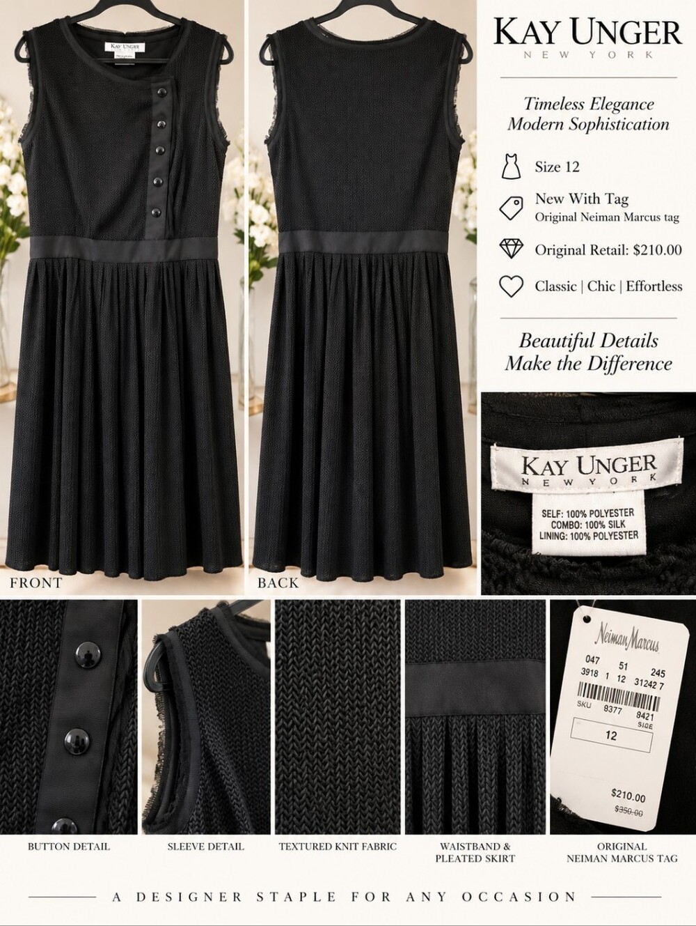 Kay Unger New York NWTs Vintage Textured Knit & Silk Detail Dress